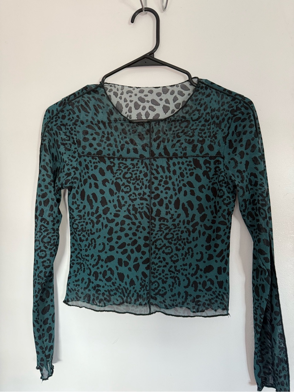 Teal Leopard Print Long Sleeve Mesh Top. Size S